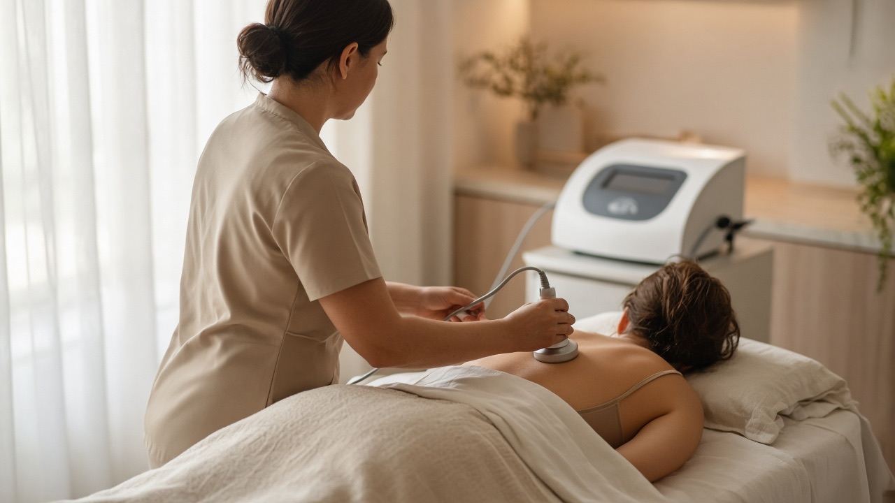 A practitioner holding a frequency-heat handpiece against a person’s upper back, with the treatment unit beside the table